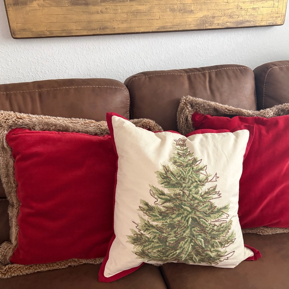 3 Holiday Evergreen Tree Decorative Throw Pillow - Red & Cream
